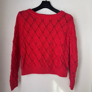 Tommy Hilfiger Women's Red Diamond Open Knit Eyelet Crewneck Sweater Sz L Preppy